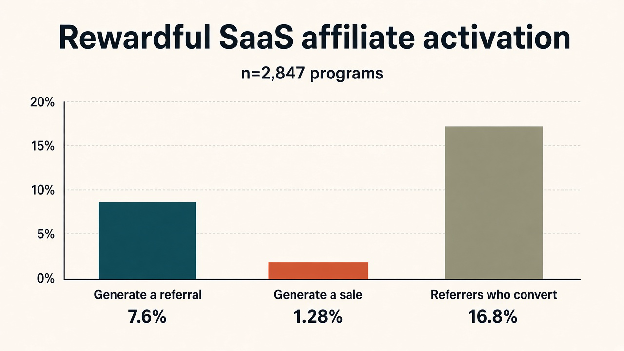 Grouped bar chart of Rewardful SaaS affiliate activation: 7.6 percent generate a referral, 1.28 percent generate a sale, 16.8 percent of referrers convert a sale, n=2847 programs.