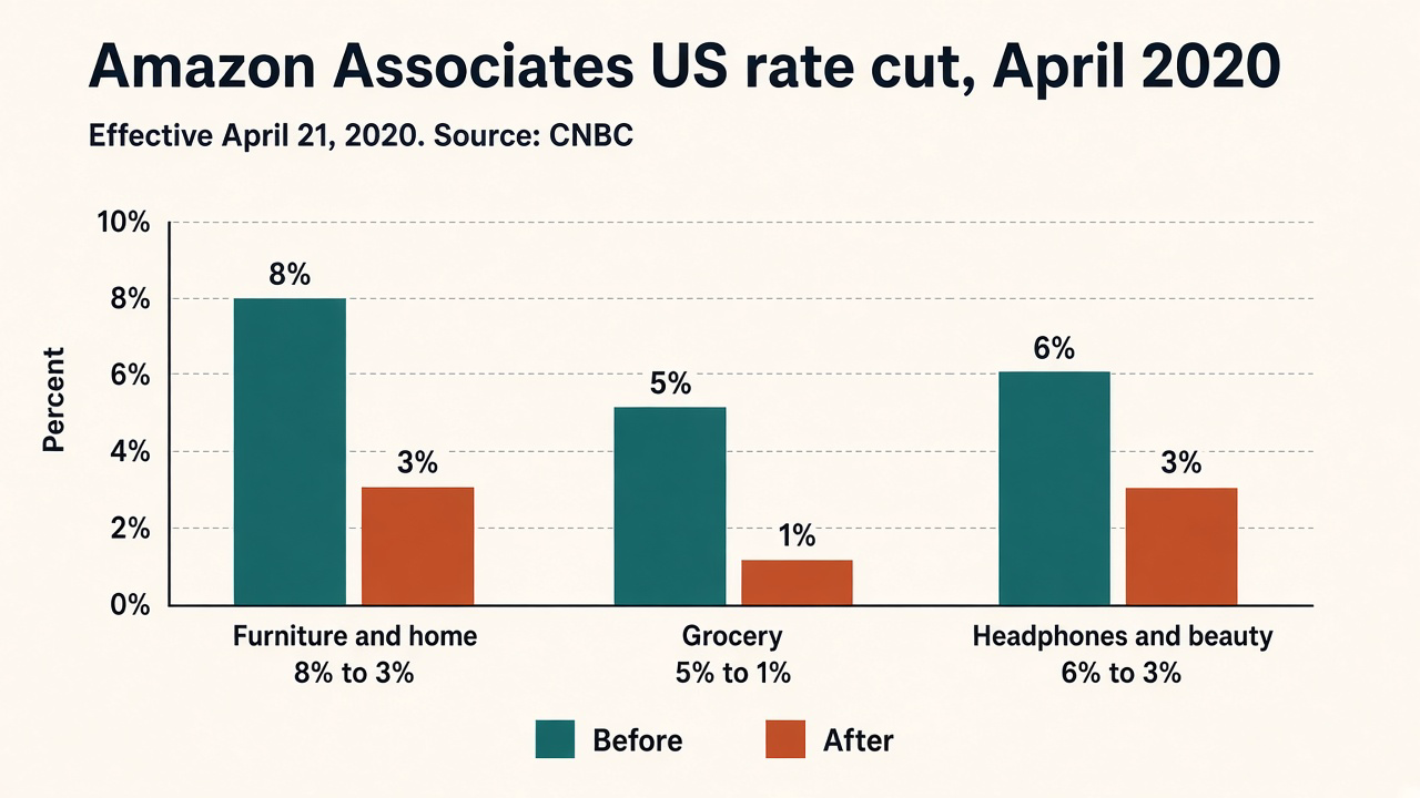 Grouped bar chart of Amazon Associates April 2020 US rate cuts: furniture and home 8 percent to 3 percent, grocery 5 percent to 1 percent, headphones and beauty 6 percent to 3 percent.