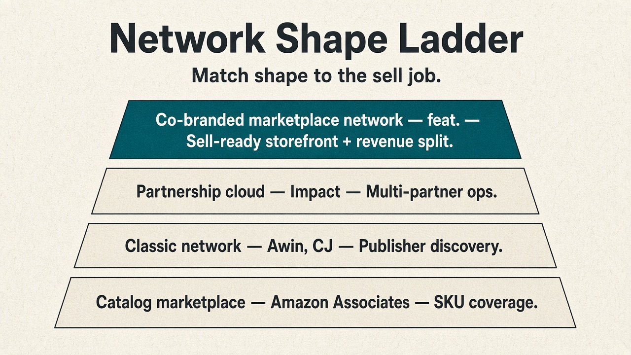 Framework diagram of the Network Shape Ladder from catalog marketplace to classic network to partnership cloud to co-branded marketplace network