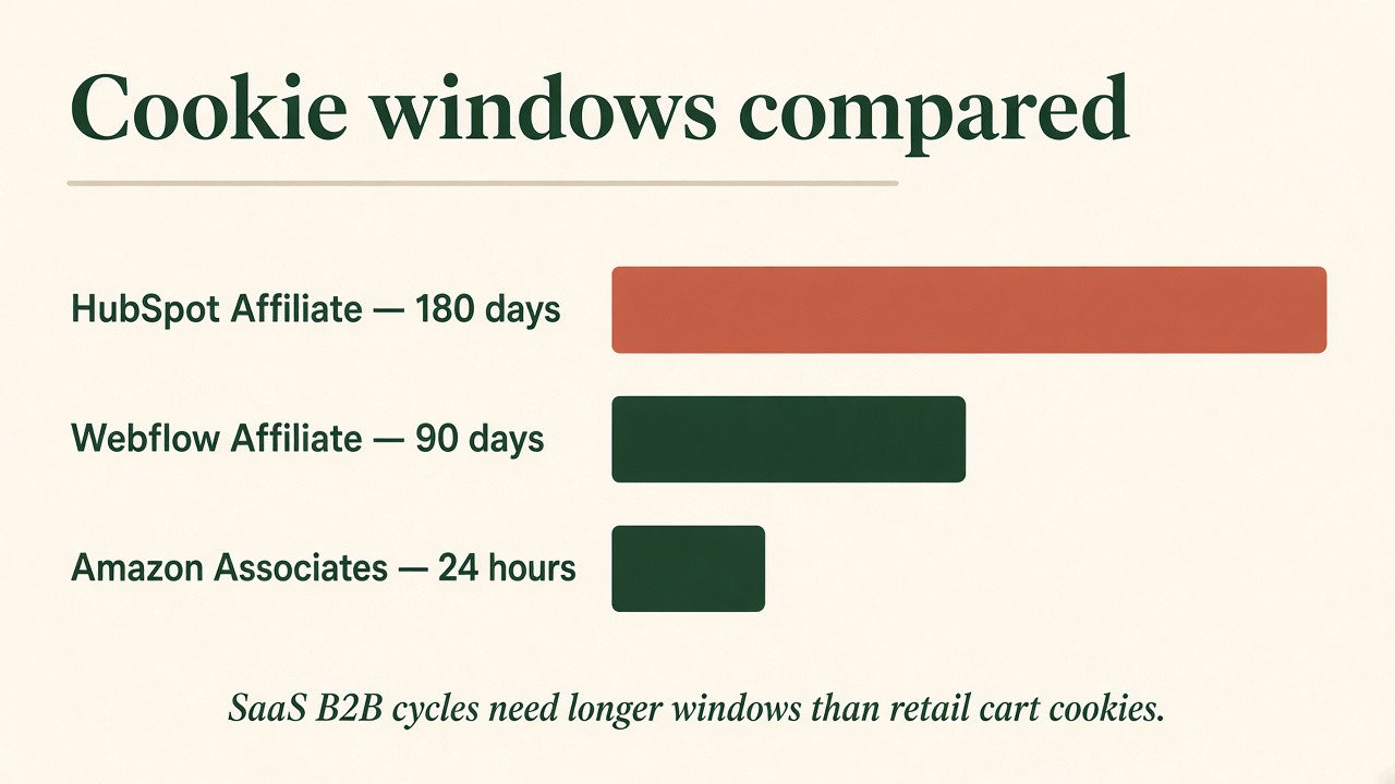 Bar chart of cookie windows: HubSpot 180 days, Webflow 90 days, Amazon Associates 24 hours