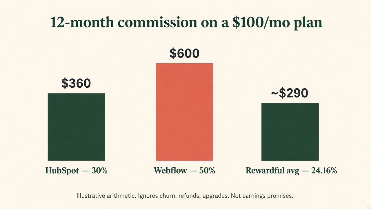 Bar chart of 12-month commission on a $100/month plan: HubSpot $360, Webflow $600, Rewardful average ~$290