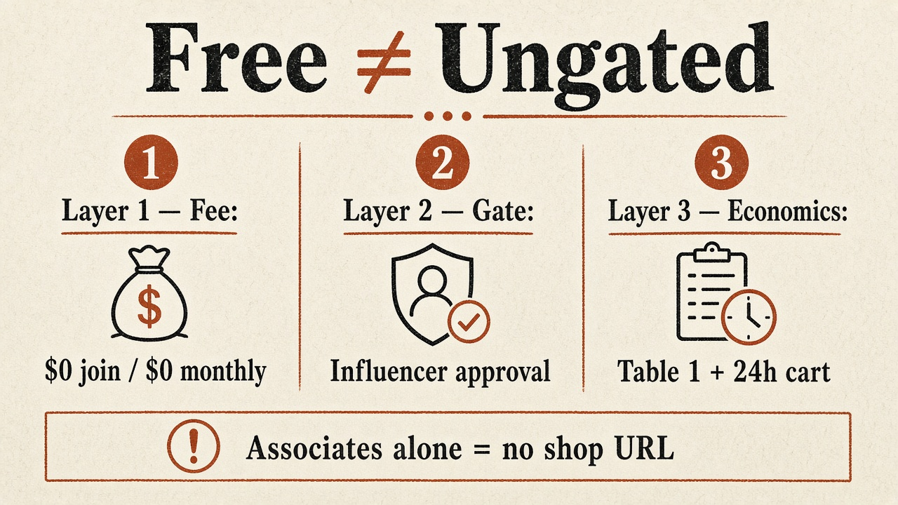 Framework diagram: Free ≠ Ungated — $0 Amazon fee vs approval gate vs catalog economics