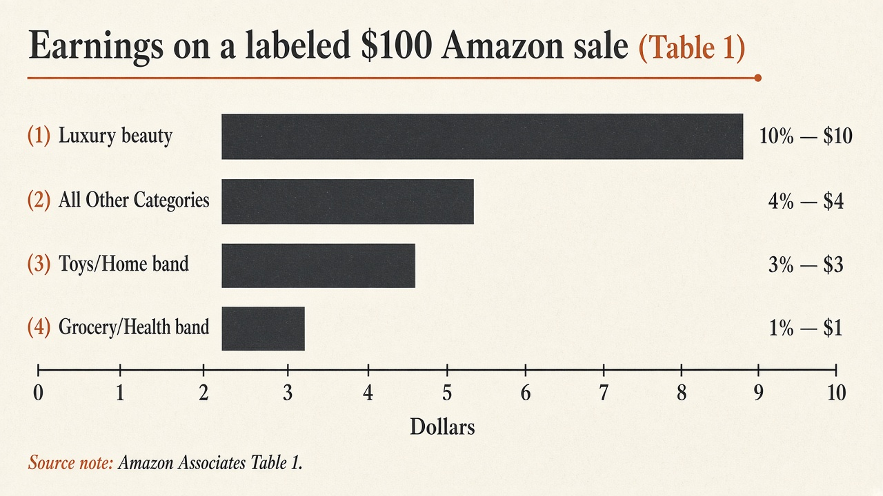 Bar chart of commission on a labeled $100 Amazon Table 1 sale at 10%, 4%, 3%, and 1%