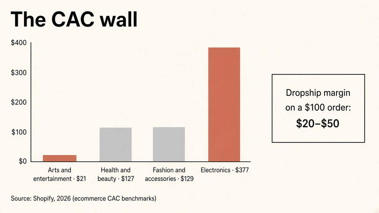 Bar chart of Shopify ecommerce CAC benchmarks, $21 arts, $127 health and beauty, $129 fashion, $377 electronics, next to a $20 to $50 dropship margin per $100 order