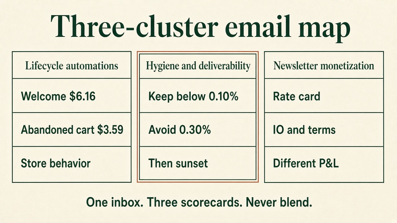 Framework diagram of email marketing with three clusters: lifecycle automations, hygiene and deliverability, and newsletter monetization