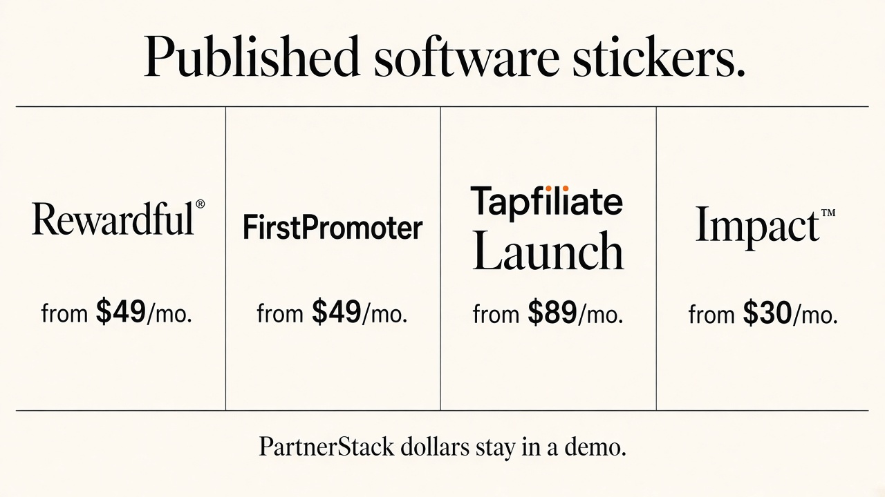 Comparison of published software stickers: Rewardful $49, FirstPromoter $49, Tapfiliate $89, Impact $30