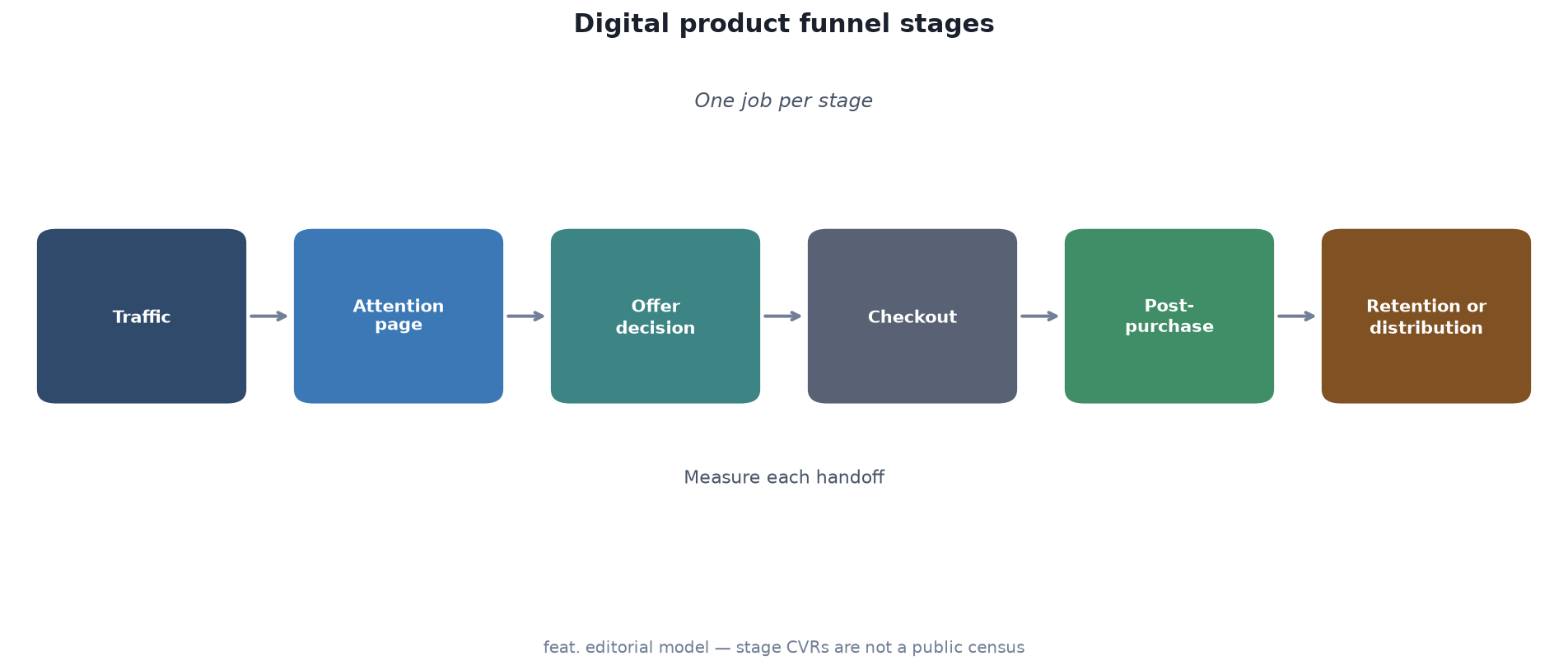 Framework diagram of six digital product funnel stages from traffic through retention or affiliate distribution