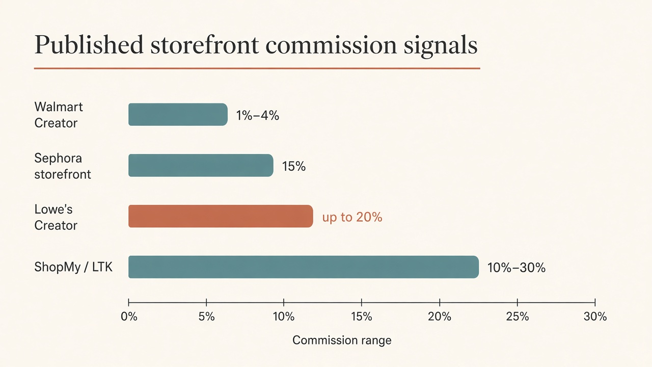 Comparison chart of published storefront commission signals: Walmart 1–4%, Sephora 15%, Lowe’s up to 20%, ShopMy/LTK 10–30%