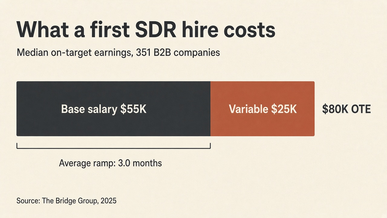 Stacked bar chart of median SDR on-target earnings of $80K split into $55K base salary and $25K variable pay, annotated with a 3.0-month average ramp