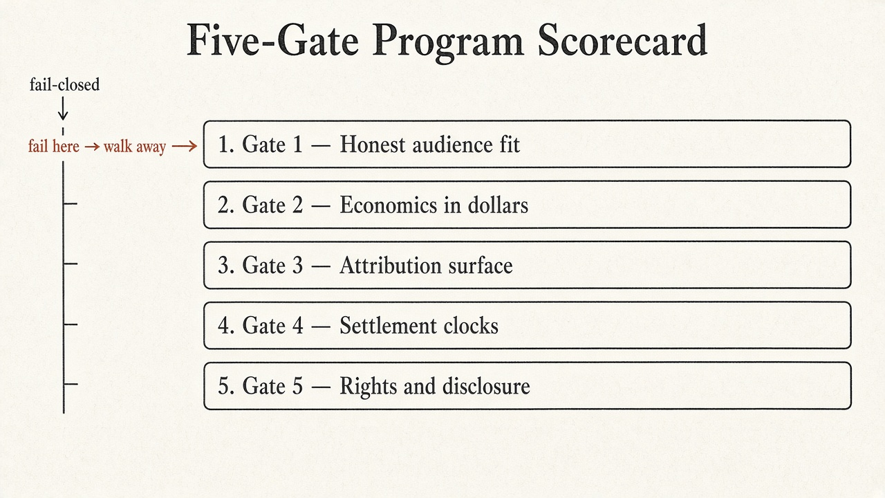 Framework diagram of the Five-Gate Program Scorecard: audience fit, economics in dollars, attribution surface, settlement clocks, promotion rights and disclosure