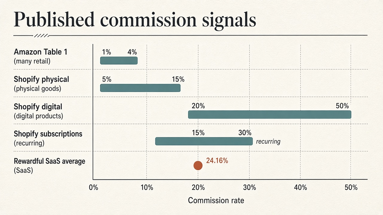 Comparison chart of published commission signals: Amazon 1–4% band, Shopify physical 5–15%, digital 20–50%, subscriptions 15–30%, Rewardful SaaS average 24.16%