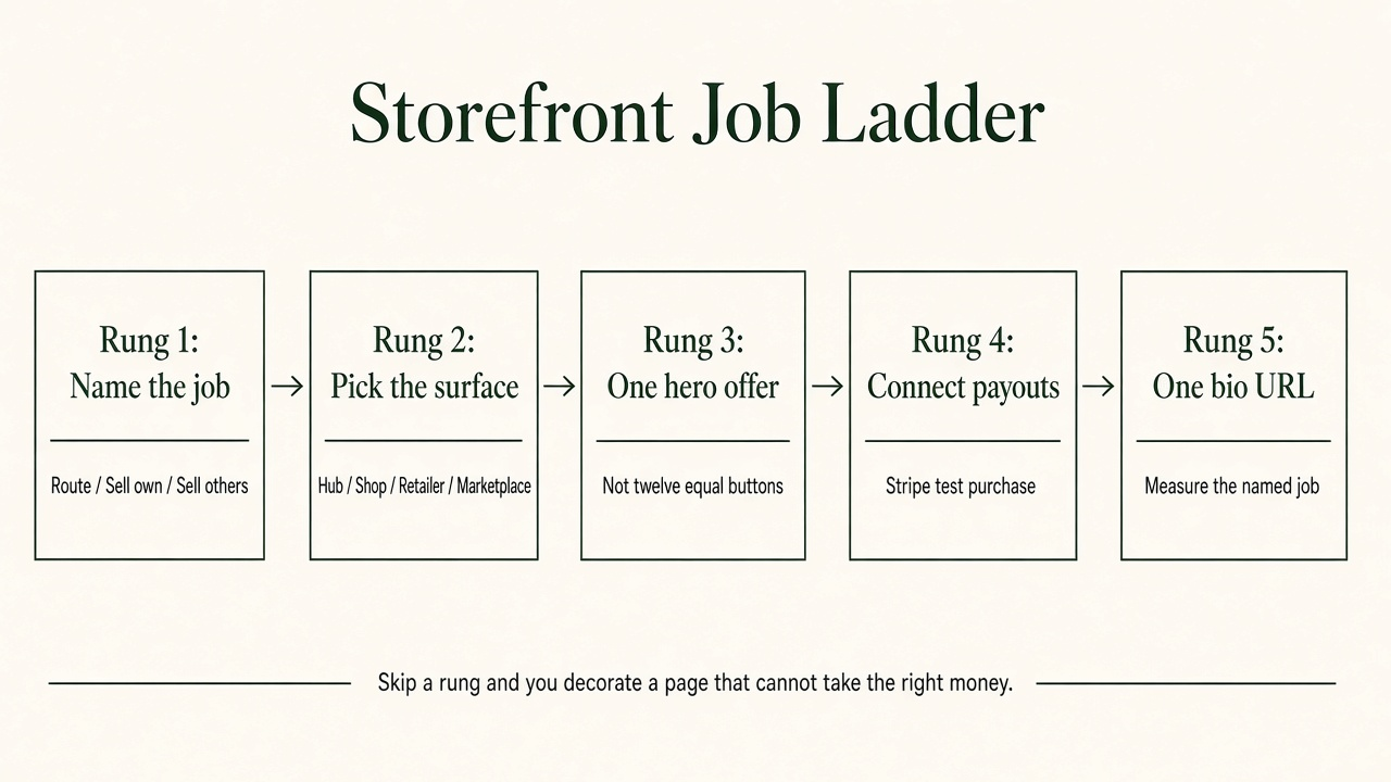 Framework diagram of the Storefront Job Ladder: name job, pick surface, hero offer, payouts, bio URL
