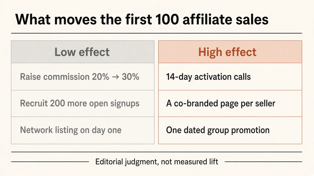 Comparison of levers for the first 100 affiliate sales: low-effect levers versus high-effect levers