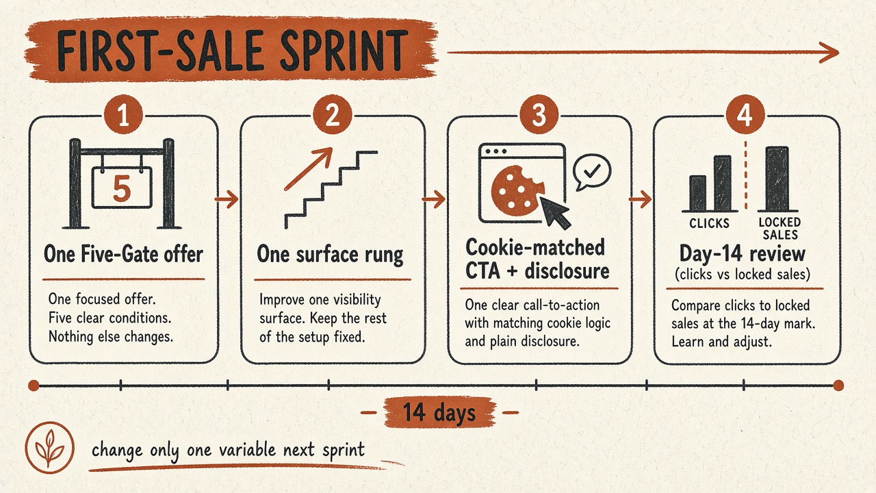 Framework diagram of the First-Sale Sprint: one offer, one surface, cookie-matched CTA, 14-day review