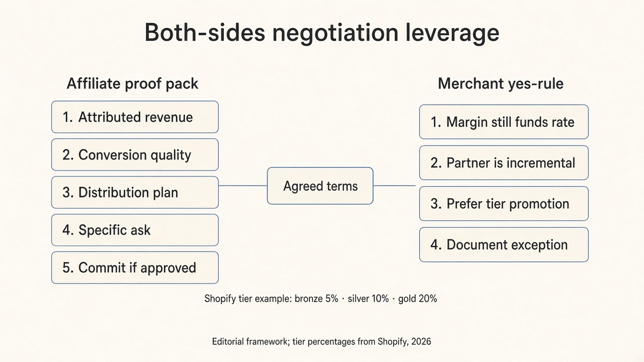 Framework diagram of both-sides negotiation: affiliate proof pack versus merchant yes-rule