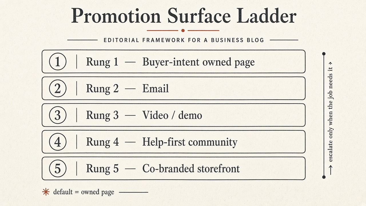 Framework diagram of the Promotion Surface Ladder: owned intent page, email, video demo, help-first community, co-branded storefront