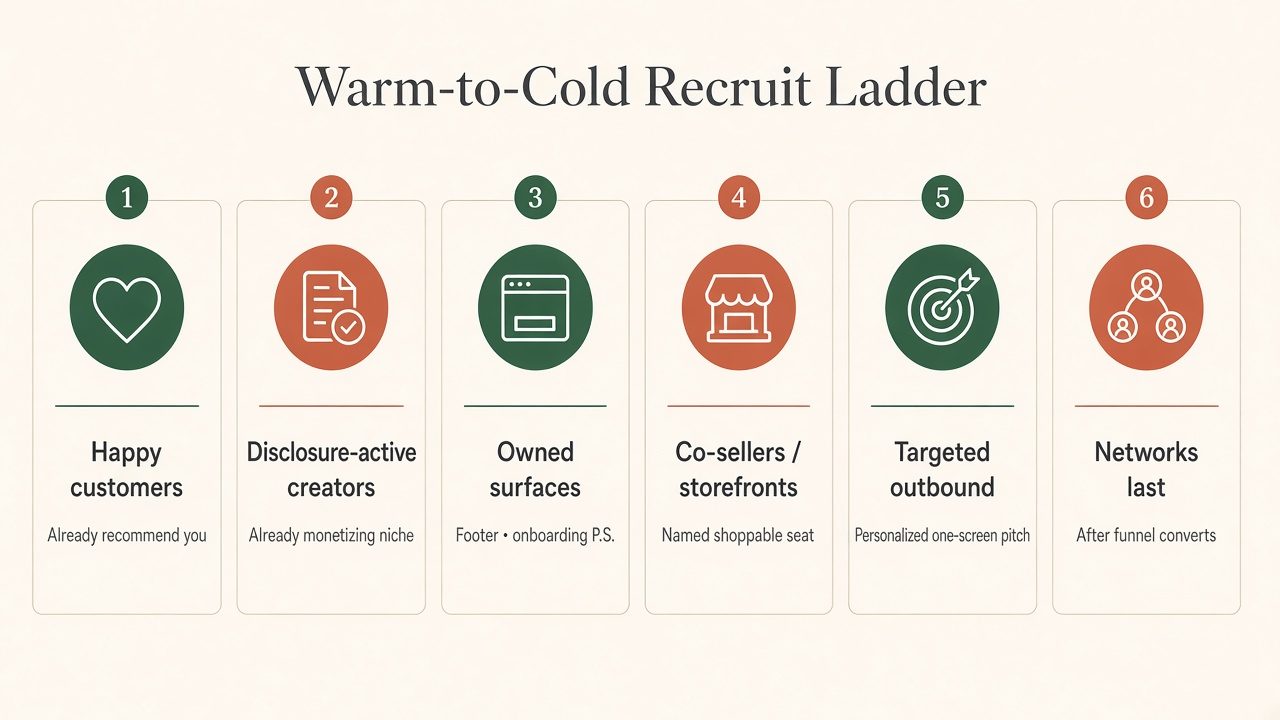 Framework diagram of the Warm-to-Cold Recruit Ladder: customers, disclosure-active creators, owned surfaces, co-sellers, targeted outbound, networks last