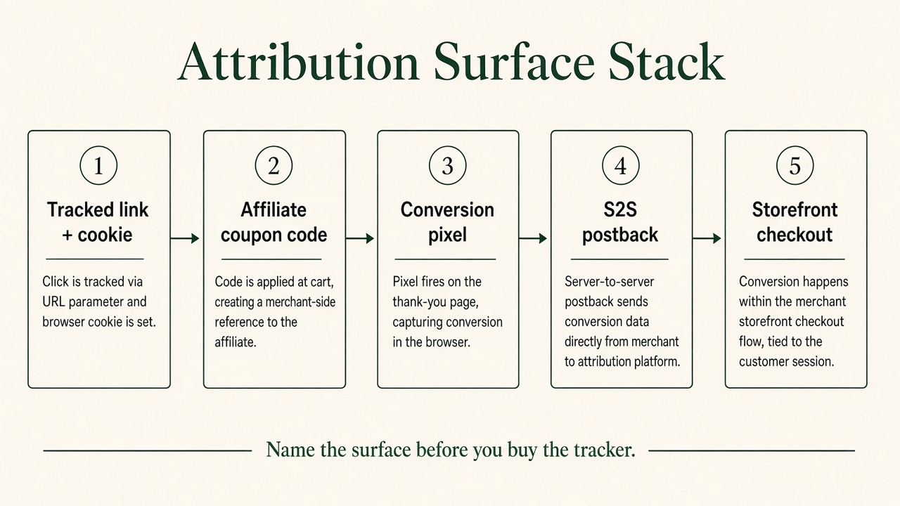Framework diagram of the Attribution Surface Stack with five surfaces: tracked link and cookie, affiliate coupon code, conversion pixel, server-to-server postback, and co-branded storefront checkout