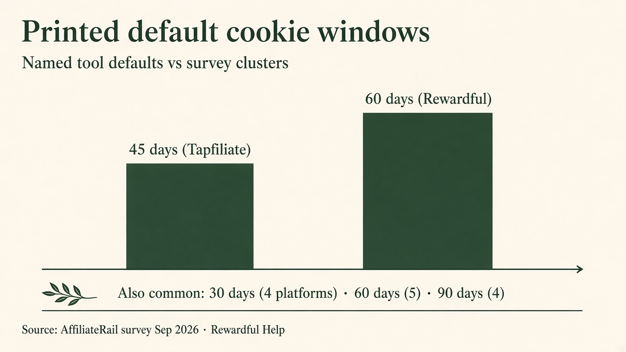 Bar chart comparing printed default cookie windows: Tapfiliate 45 days, Rewardful 60 days, and common 30/60/90 day clusters from a 20-platform survey