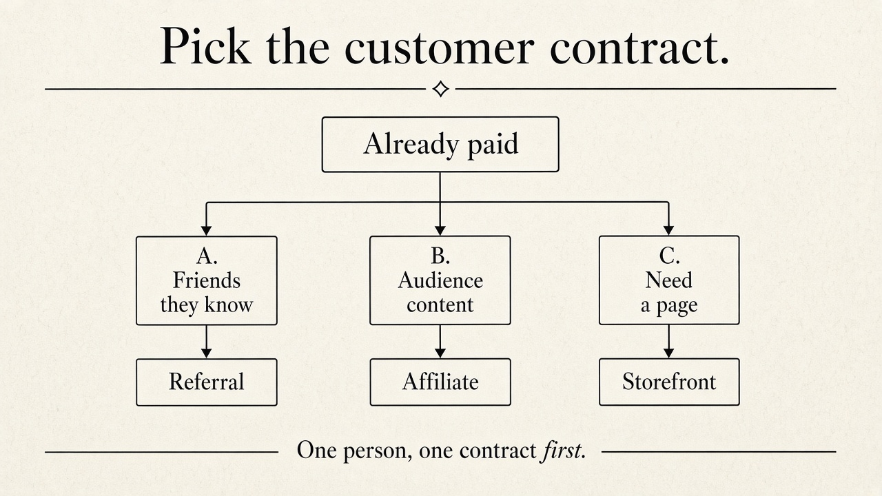 Flowchart for picking a customer contract: referral for friends, affiliate for audience, storefront when they need a page