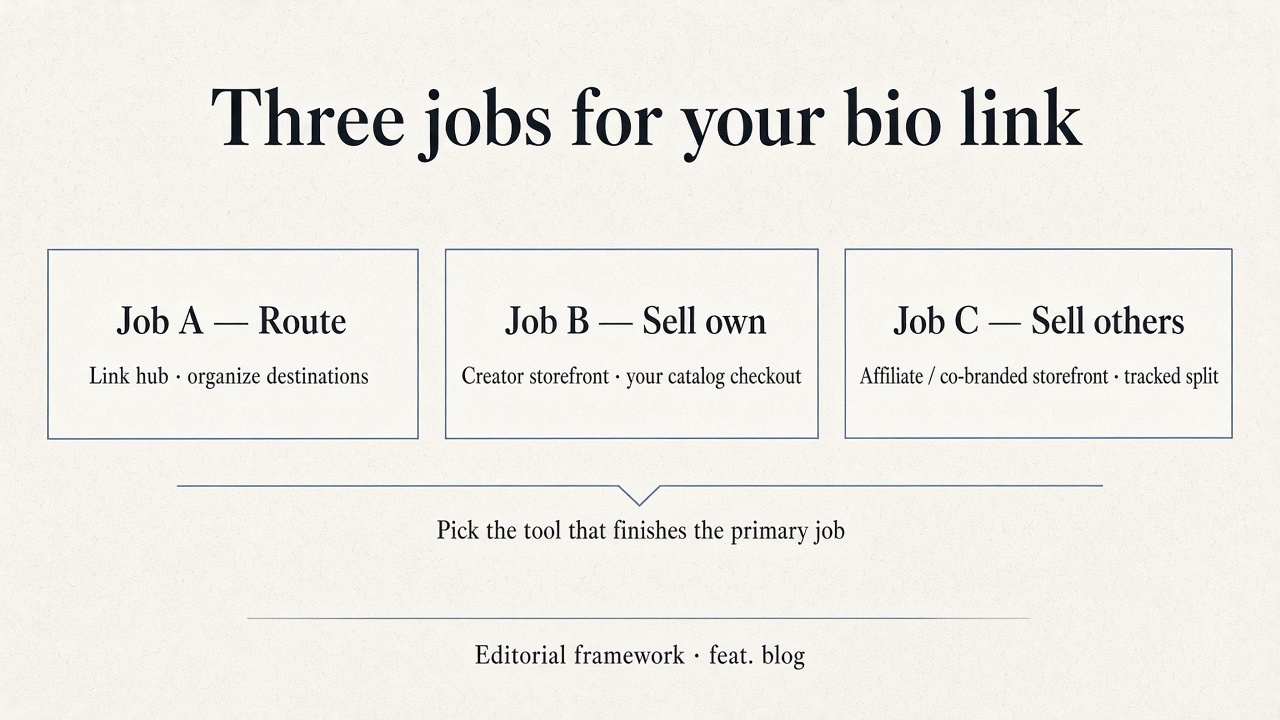 Framework diagram of three bio-link jobs: route traffic, sell your own products, sell other merchants products