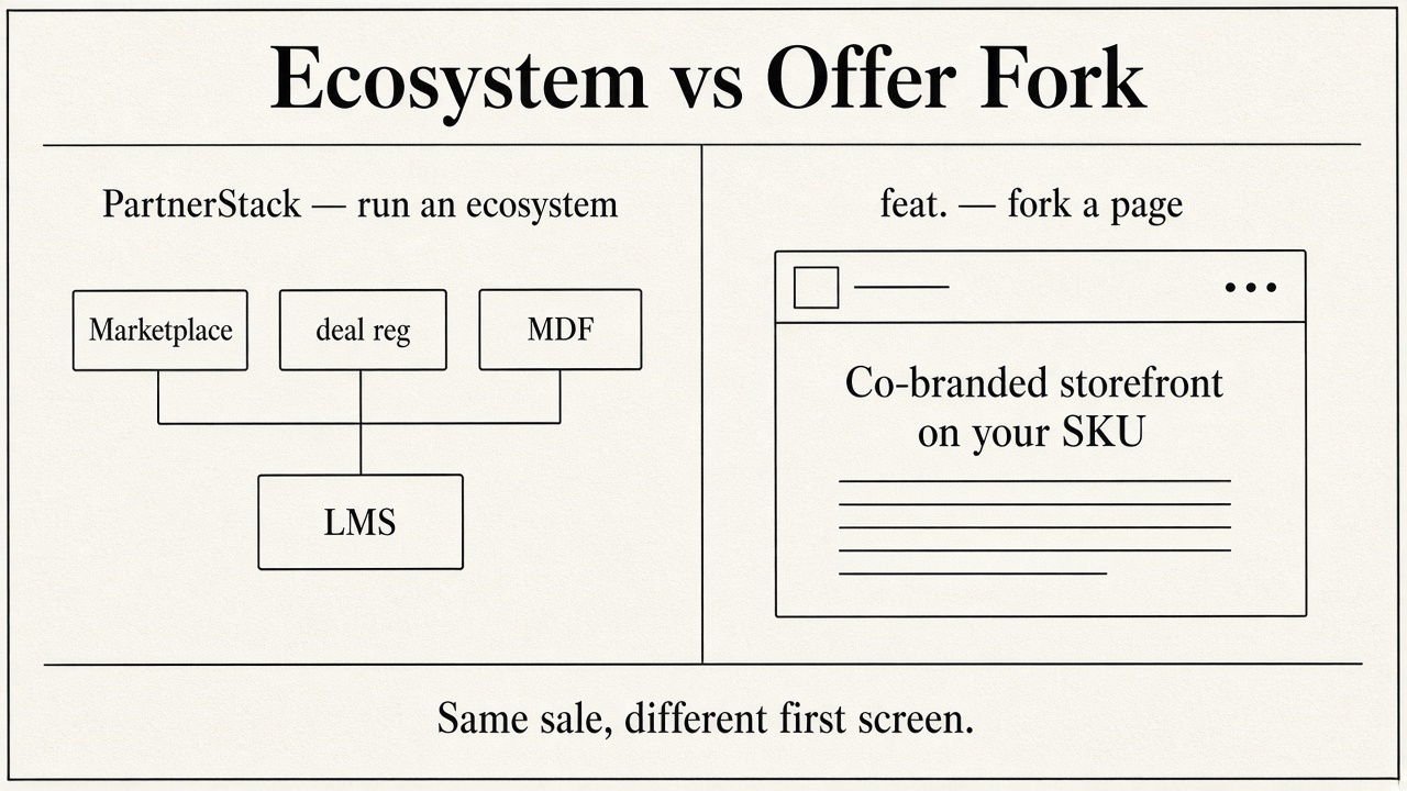 Framework diagram of Ecosystem vs Offer Fork: PartnerStack runs a partner ecosystem; feat. forks a co-branded page