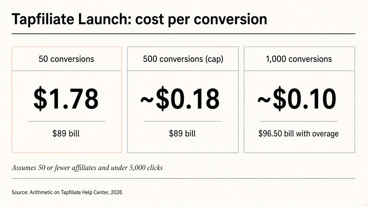 Comparison of Tapfiliate Launch cost per conversion: $1.78 at 50 conversions, about $0.18 at 500, about $0.10 at 1,000 with overage